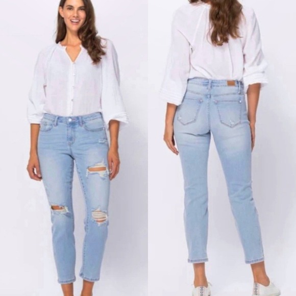 Judy Blue Distressed Blue Jeans Boyfriend Destroyed Light Wash 15 32 14 Ankle - Picture 2 of 16